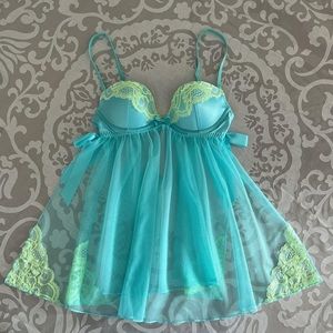 Victoria’ Secret Sheer Turquoise And Neon Yellow Baby Doll/ Chemise